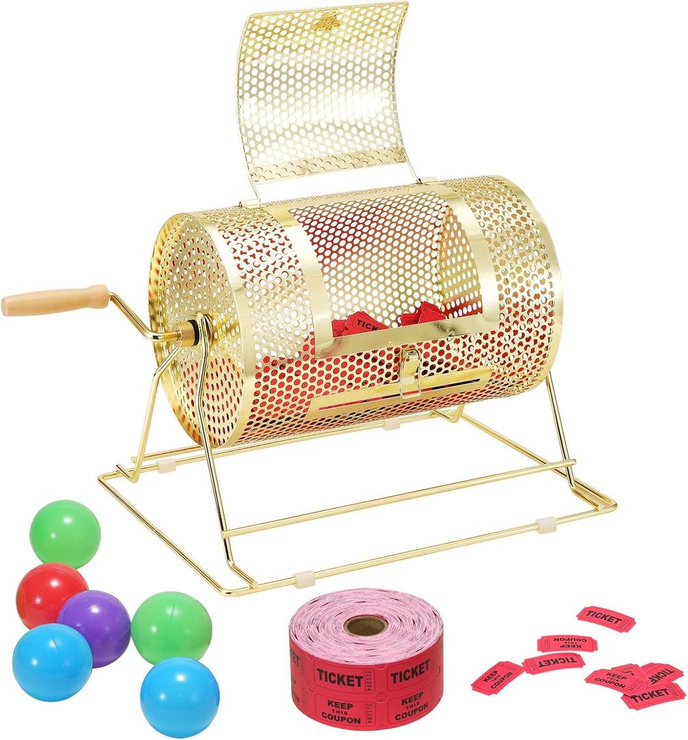 VEVOR Raffle Ticket Spinner - 12 x 8 Inch Raffle Drum Lottery Spinning Drawing, Brass Plated Raffle Tickets Roll Box with Wooden Turning Handle Holds 2500 Tickets or 100 Ping Pong Balls for Events, 12x8inch-Small