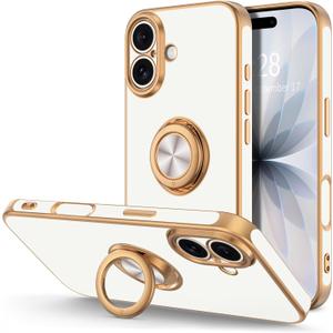 Hython for iPhone 17 Case with Ring Stand, 360 Rotatable Ring Holder Magnetic Kickstand, Plating Rose Gold Edge Soft Cover Protective Phone Case for iPhone 17 6.3", White