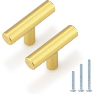 Probrico 5 Pack Euro Style Gold Cabinet Knobs, Single Hole Stainless Steel Kitchen Cabinet Handles Round T Bar Dresser Drawer Cupboard Hardware, 2 Inch Total Length