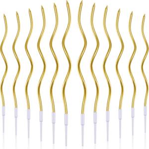 BBTO 12 Pcs Twisted Birthday Candles Spiral Metallic Cupcake Thin Long Cake Candles with Holders for Birthday Wedding Party(Gold)