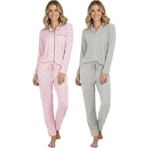 Real Essentials 2 Pack: Women's Soft Pajama Set | Button Down Top and Lounge Sleep PJ Pants | Matching Sleepwear (M Size)