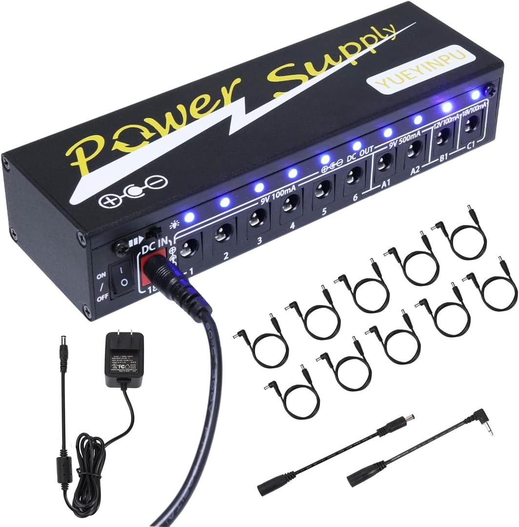 Power Supply for Guitar Effect Pedals 10 Isolated DC Output 9V/12V/18V for Effect Pedal with Separate Short-Circuit Protection