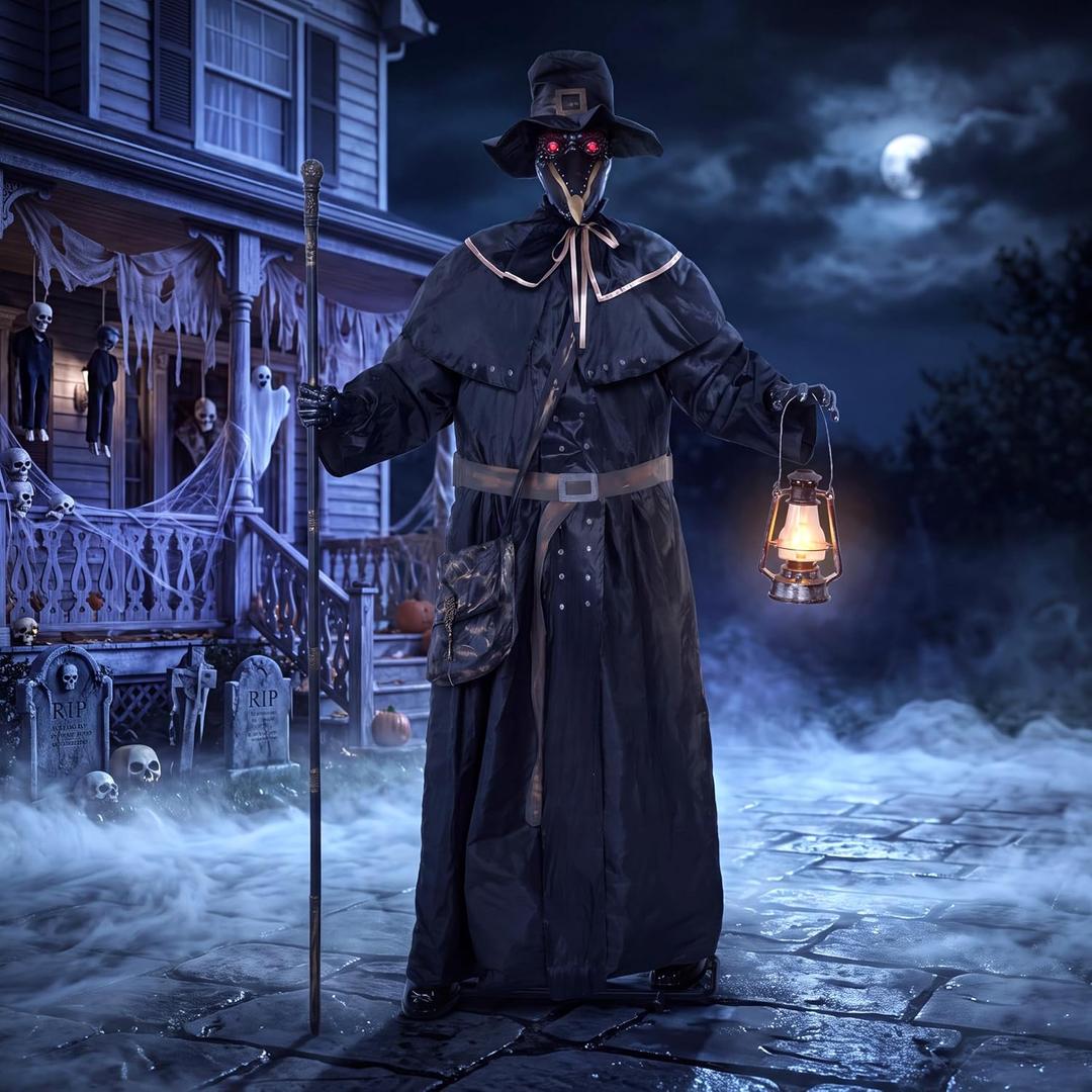JOYIN Halloween Animatronic Plague Doctor Decoration Outdoor, Sound Activated Life-Size Standing Ghost with Rotating Head, LED Eyes Lantern, Scary Haunted House Props for Garden Yard Lawn