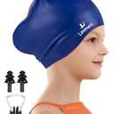 Kids Long Hair Swim Cap for Girls Boys, 2 Size Silicone Swimming Cap for Age 3-15 Toddler Children Teens, Waterproof Swim Hats Bathing Caps with Ear Plugs & Nose Clip to Keep Hair Dry(Age 3-8/Navy)