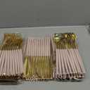 I00000 144Pcs Pink Plastic Silverware, Gold Disposable Flatware with Pink Handle, Gold Plastic Cutlery Set Includes: 48 Forks, 48 Knives and 48 Spoons Perfect for Party & Wedding