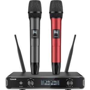 TONOR Wireless Microphone Systems, Dual 2x15 adjustbale UHF Channels Micro Kit, Metal Handheld Dynamic Singing Mic 200ft with Receiver for Karaoke, DJ Party, Church, Wedding, Speech, PA TW450 Grey&Red