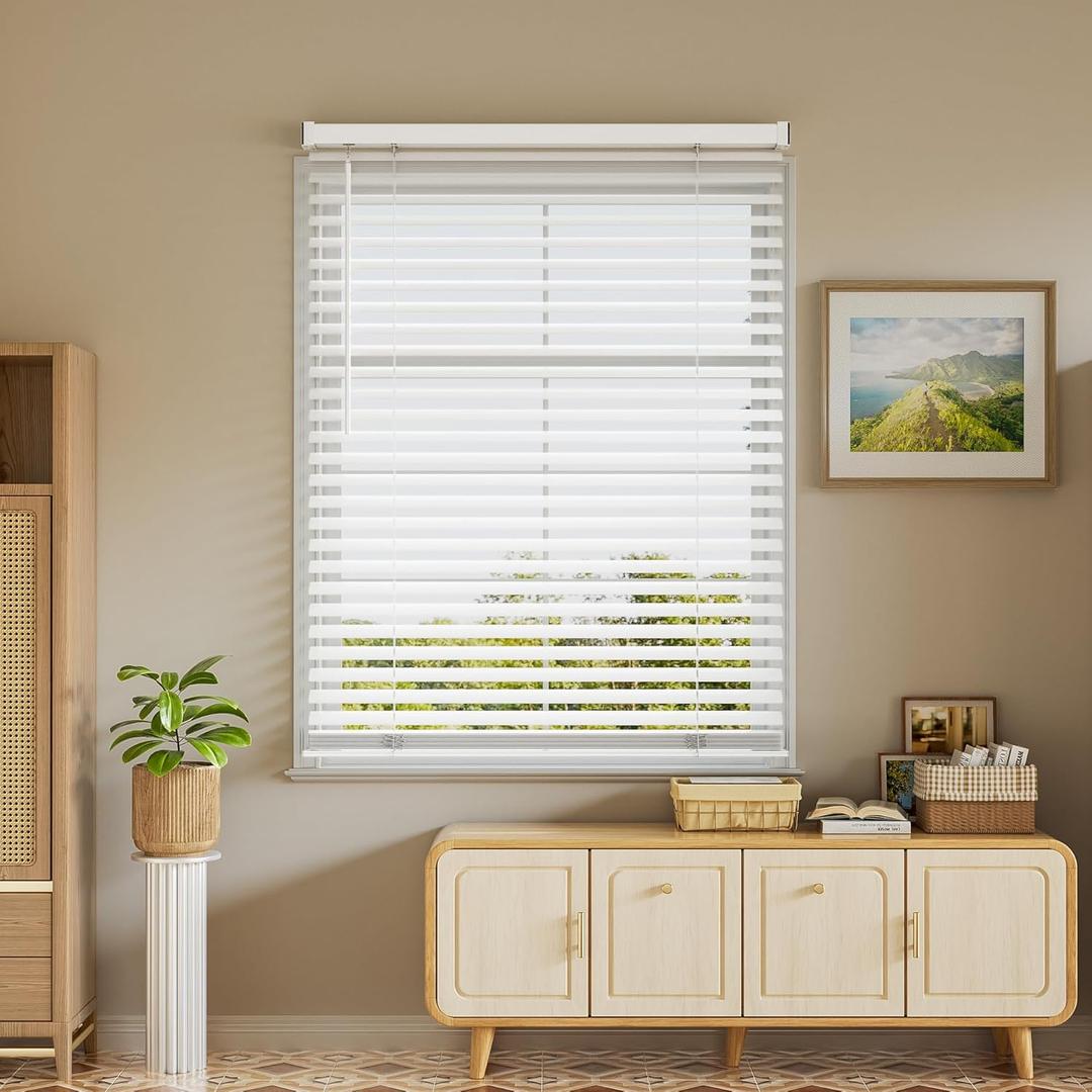 Window Blinds, SZXIMU 2'' Cordless Blind for Indoor Windows, 28" W X 64" H Mini Blinds, Light Filtering Blinds & Shades, Horizontal Window Blinds for Home Bedroom Living Room Bathroom Kitchen, White