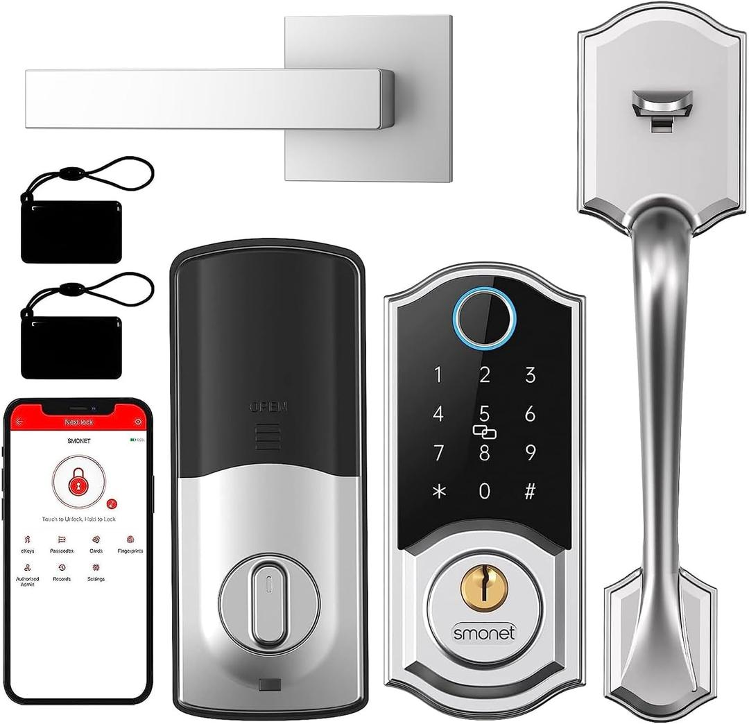 Smart Front Door Lock Set: SMONET Keyless Entry Door Lock with Handle, Front Handle Set Fingerprint Smart Deadbolt Bluetooth Electronic Digital Keypad, Alexa Unlock Silver