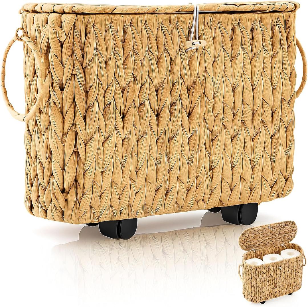 Weysat Wicker Toilet Paper Basket with Lid and Detachable Wheels Boho Slim Woven Toilet Paper Holder Holds up to 9 Mega Rolls for Home Bathroom Decor Organizer