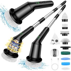 Shower Scrubber with Long Handle, Bathroom Cleaner Brush with 8 Brush Heads, Cordless Electric Spin Scrubber for Cleaning with 2 Speed, Cleaning Supplies for Bathtub Kitchen Floor Tile Toilet
