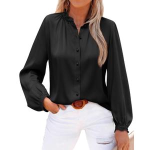 Neweek Women Satin Button Down Shirts Long Sleeve Silk Work Blouses with Lace Collar and Cuffs Business Ladies Elegant Dressy Casual Tops, Black, M (M)
