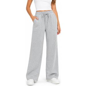 Women's Drawstring Waist Straight Wide Leg Sweatpants Casual Jogger Soft Pants with Pockets (Gray, XS)