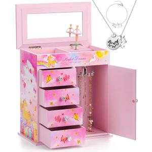 Musical Jewelry Box for Girls 5-Layer with Swing Door Spinning Ballerina Unicorn Theme Included Unicorn Jewelry Set Kids Birthday Gift for Girls Music Box Gifts Colorful