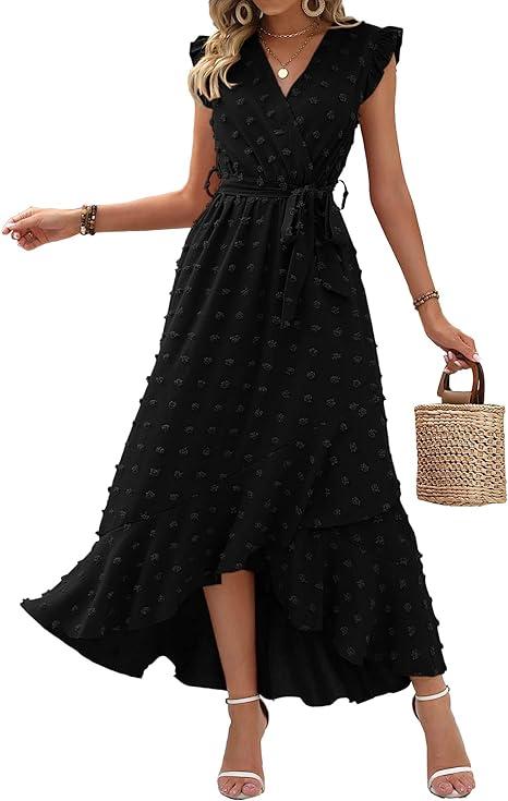 BTFBM Women V Neck Summer Dress 2025 Cap Sleeve Swiss Dot Boho Flowy Ruffle Slit Beach Party Long Maxi Cocktail Dresses , Size L