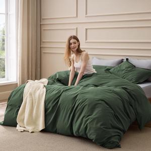 Bedsure 100% Washed Cotton Duvet Cover Queen Size - Olive Green Minimalist Bedding Set Linen Like - PureWoven Plain Simple & Soft Comforter Cover for All Seasons (Olive Green, Queen, 90"x90")