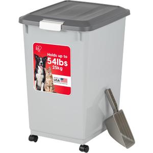 IRIS USA Dog Food Storage Container with Wheels, Airtight Lid, 2-Cup Scoop, Up to 54 Pounds Pet Food Storage, Built-in Scoop Storage in Lid, Versatile Pet Food Bin, Portable, BPA Free, Gray/Dark Gray