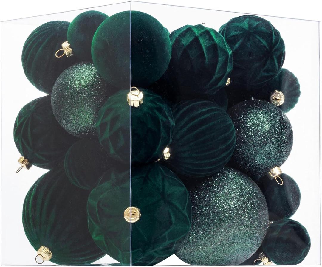 Velvet Christmas Ball Ornaments Dark Green Xmas Tree Decorations 36pcs Shatterproof Christmas Ornaments Set with 5 Styles in 3 Sizes(Small Medium Large) (Mixed)