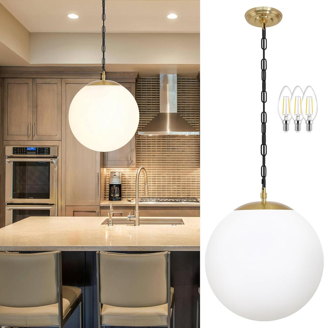 KoKo&Yukina 13.7" Gold Globe Pendant Light Mid Century Pendant Light Milk Glass Pendant Lights Kitchen Island Adjustable Hanging Light Fixture for Dining Room Bedroom Kitchen Islan (Opal & Brass)
