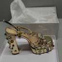 Feinlina Women Rhinestone High Chunky Platform Open Toe Block Heels Gems Detail Fashion Green Pink Floral Print Embroidery Ankle Strap Dress Wedding Party Pump Sandals (10, Gold)