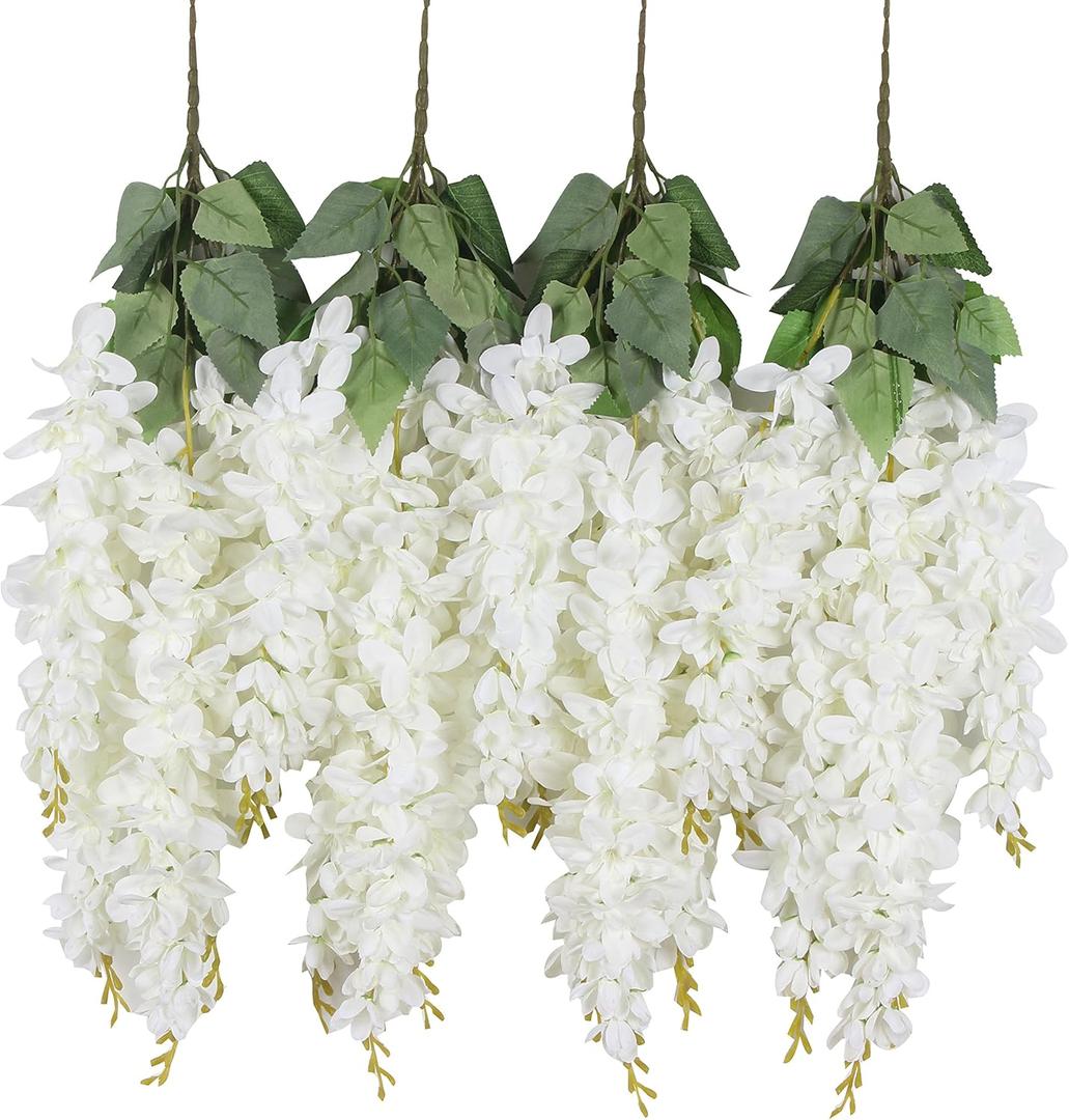 Duovlo Silk Wisteria Flower Artificial 2.13 Feet Hanging Wisteria Vine Fake Flower Bush String Home Party Wedding Decoration,Pack of 4White