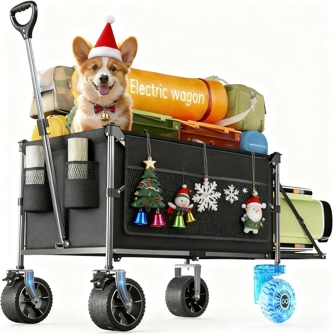 Electric Utility Wagon Cart330 lb Load, 180 L Foldable Beach Wagon with Remote, 4-Speed, All-Terrain Wheels for Camping, Beach, Garden & Shopping, Black