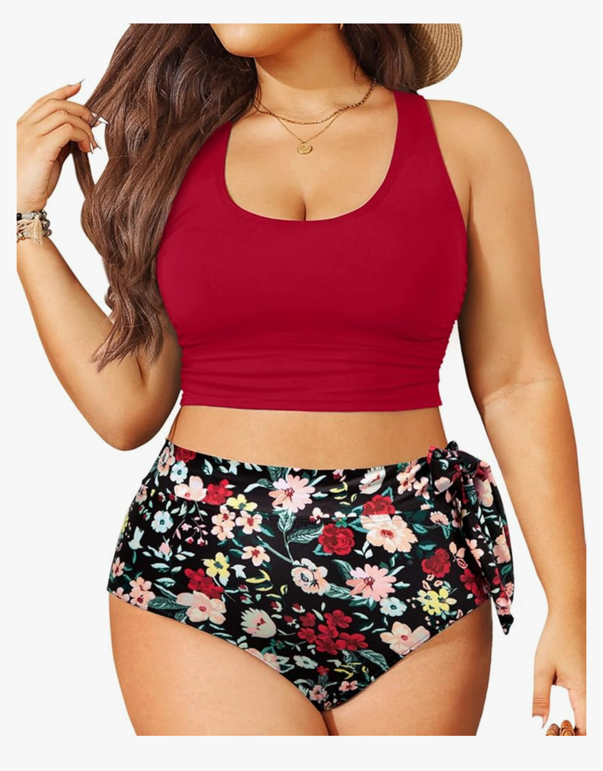Plus Size Two Piece Swimsuits - Women High Waisted Bikini Scoop Neck Bathing Suit Swimwear 16W