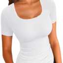 LOLONG White T Shirt for Women Summer Short Sleeve Ribbed Knit Tops Casual Square Neck Lace Patchwork Solid Basic Tees, Small