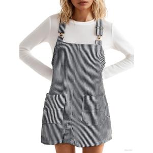 Yousify Womens Casual Denim Dress Fall Striped Overalls Romper Adjustable Straps Sleeveless Jean Dresses with Pockets (XX-Large, Black)