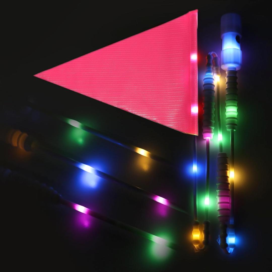 LED Bike Safety Flag Reflective 5.5 ft Lighted Bicycle Safety Flag with Heavy Duty LED Fiberglass Pole Tear-Resistant Waterproof PInk Pennant for Bike