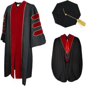 GradPlaza Doctoral Graduation Gown Regalia With University Hood, Gold Piping, and 8-Sided Tam 42