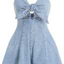 OYOANGLE Women's Vintage Bowknot Spaghetti Strap Denim Romper Sleeveless Wide Leg Jean Short Jumpsuits (Medium)