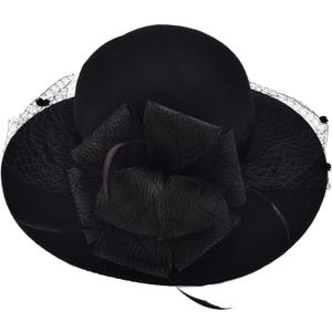 Black Womens Wool Felt Floral Veil Netting Feather Wide Brim Derby Hat A322