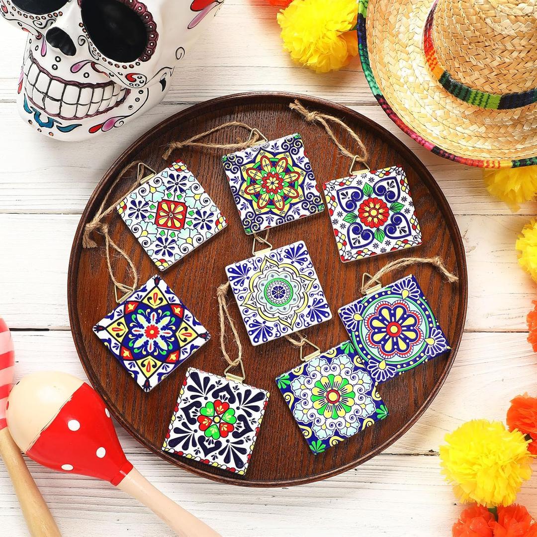 Soulchen 16 Pcs Talavera Mexican Tile Christmas Ornaments Bulk Adornos De Navidad Funny Hanging Christmas Tree Ceramic Colorful Decor Indoor for Xmas Tree Decoration Mexican Gift