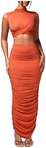 BEAUDRM Women's Sexy 2 Piece Outfits Solid Mock Neck Criss Cross Crop Top Tank Top and Ruched Maxi Skirt Bodycon Skirt Sets, Large