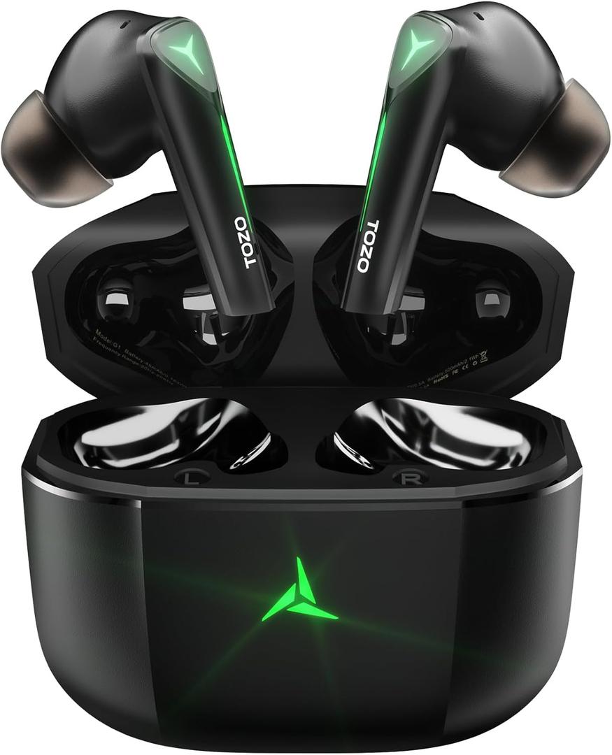 TOZO Wireless Earbuds Bluetooth 5.3 Headphones with 45ms Ultra Low-Latency and Cool Breathing Light Ergonomic Design Gaming Deep Bass Music Mode Headset Built-in Micro Stereo Sound (Dark Black)