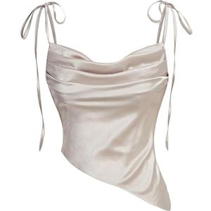 Milumia Women's Satin Silky Pleated Cowl Neck Crop Top Tie Shoulder Ruched Asymmetrical Hem Cami Tops (Large, Apricot)