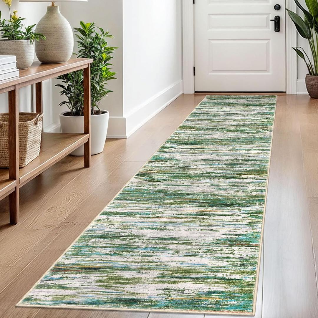 SIILOOM 85x60 Modern Abstract Runner Rug for Hallways, Teal Grey Multi Super Soft Hallway Decor Kitchen Rugs with Non-Slip, Non-Shedding Washable Rug for Entryway Bedroom Bathroom Laundry Indoor