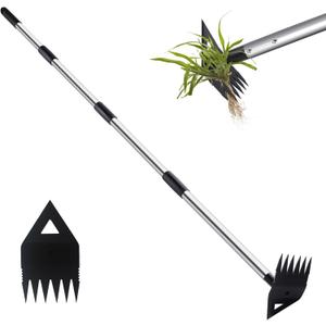 PIMEKOY Weed Puller Tool with Long Handle, Hoe Garden Tool Weeding Rake Combo for Uprooting, Garden Hoe, Weed Remover Manual Hand Weeder for Yard Flower Bed(Black)