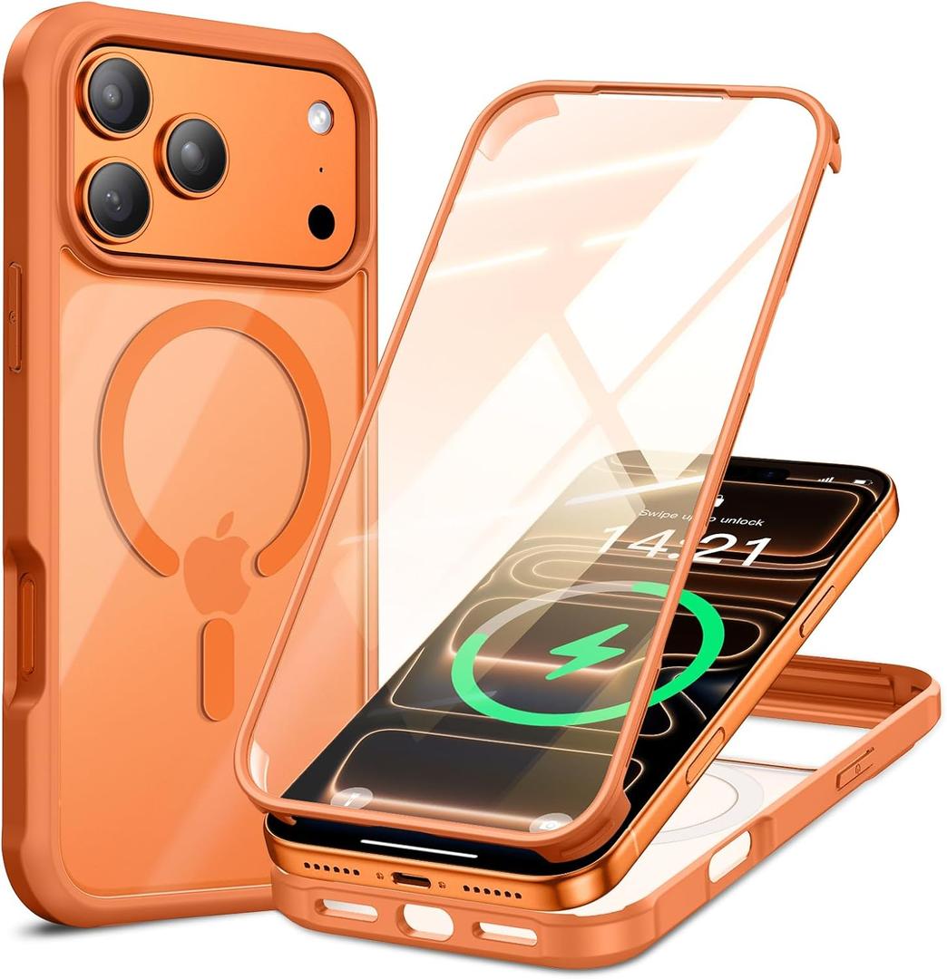 VOFATA for iPhone 17 Pro Max Case, 360 Full Body with Built-in 9H Tempered Glass Screen Protector, Fit for MagSafe, Mil-Grade Drop Protection, Drop Proof Magnetic iPhone 17 Pro Max Phone Case, Orange