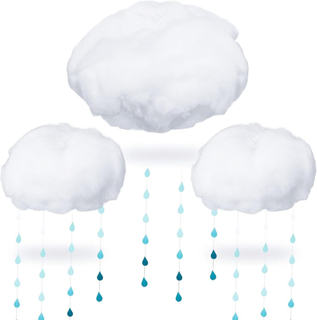 15 Pcs Artificial Cloud Props Raindrop Garland Set 3D Cloud Hanging Decorations 12 Paper Hanging Rain Drops Decor Pieces for Baby Shower Party and Centerpieces Stage Decoration