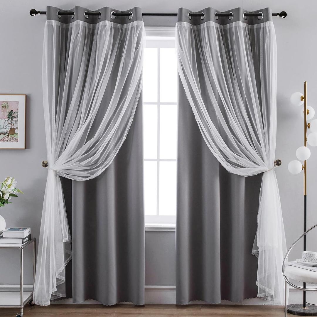 Anytime Home Curtains Blackout and Sheer Layered Solid Window Curtain Panel Pair with Grommet Top, 52Wx63L,Grey