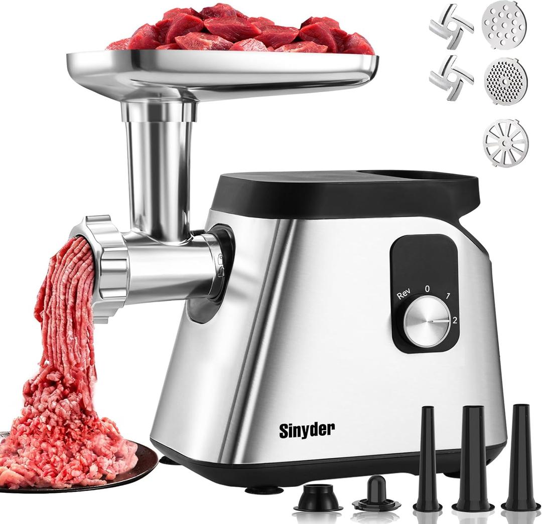 Sinyder Electric Meat Grinder: 2800 Max Stainless Steel Meat Mincer with 2 Blades 3 Plates 3 Sausage Tubes & Kubbe Kit Meat Grinders for Home & Kitchen Use