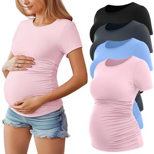 Huukeay 4 Pack Women's Maternity Shirts, Crew Neck Maternity Top Short Sleeve Casual Cotton Tee Side Ruched Pregnancy Clothes (Medium, Black, Pink, Light Blue, Dark Gray)
