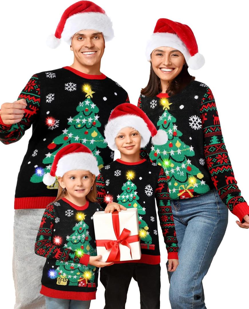 Cozypower Family Christmas Ugly Sweater, Light Up Ugly Sweater with Christmas Hat Xmas Pullover(Christmas Tree, Men, XL)