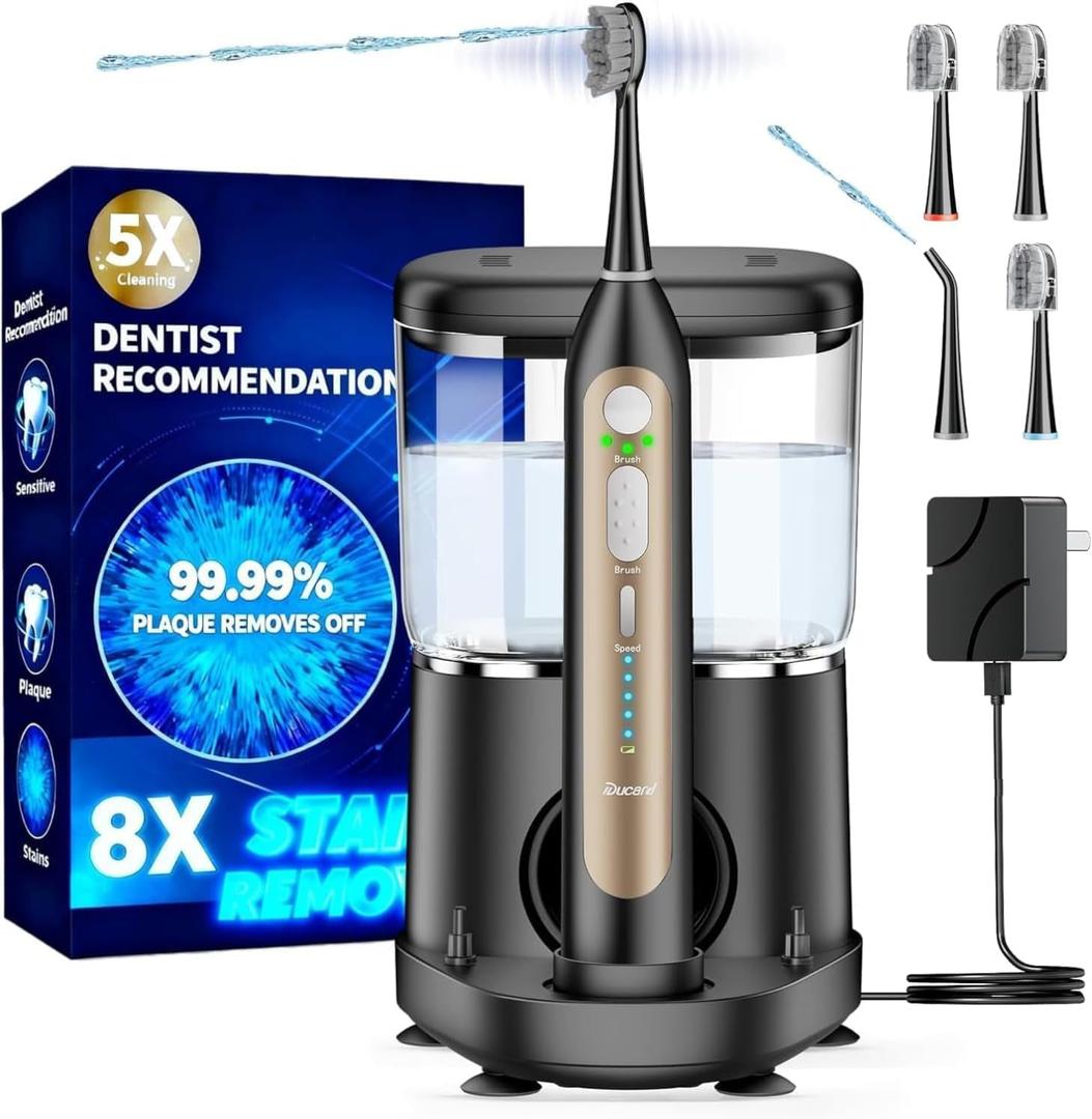 Electric Toothbrush with Water Flosser, Upgraded 2.0 Electric Toothbrush for Adults, 5 Floss Speeds & 3 Modes with 3 Brush + 1 Nozzle, 500ML Tank, IPX7 Waterproof for Braces & Gum Care (Black Gold)