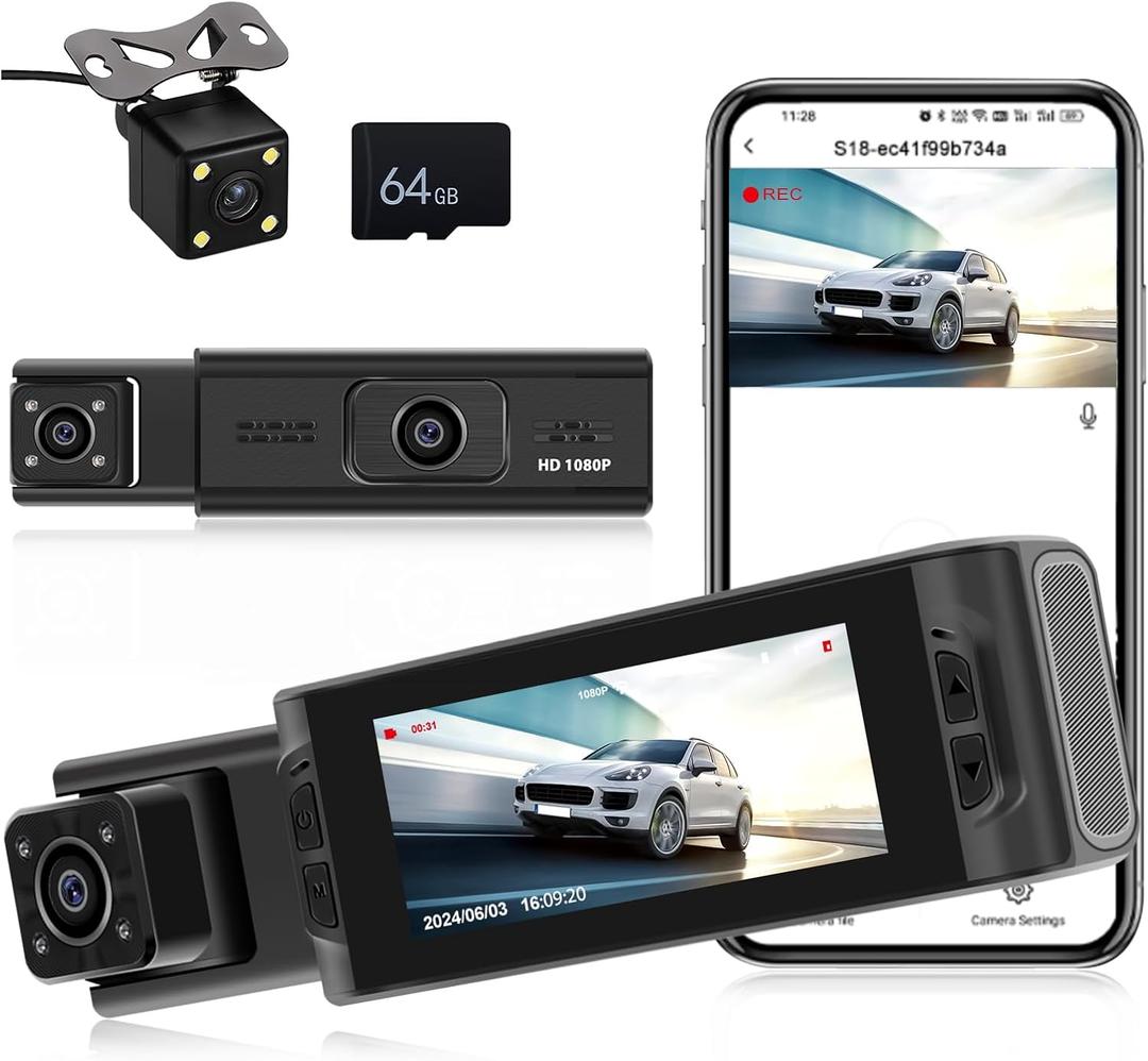 CAMECHO 3 Channel WiFi Dash Cam, Triple Car Camera with 64GB Card, Front and Rear Inside 1080P Dash Camera for Cars, 3 Inch IPS Screen, Loop Recording, Night Vision, G-Sensor, Dashboard Camera