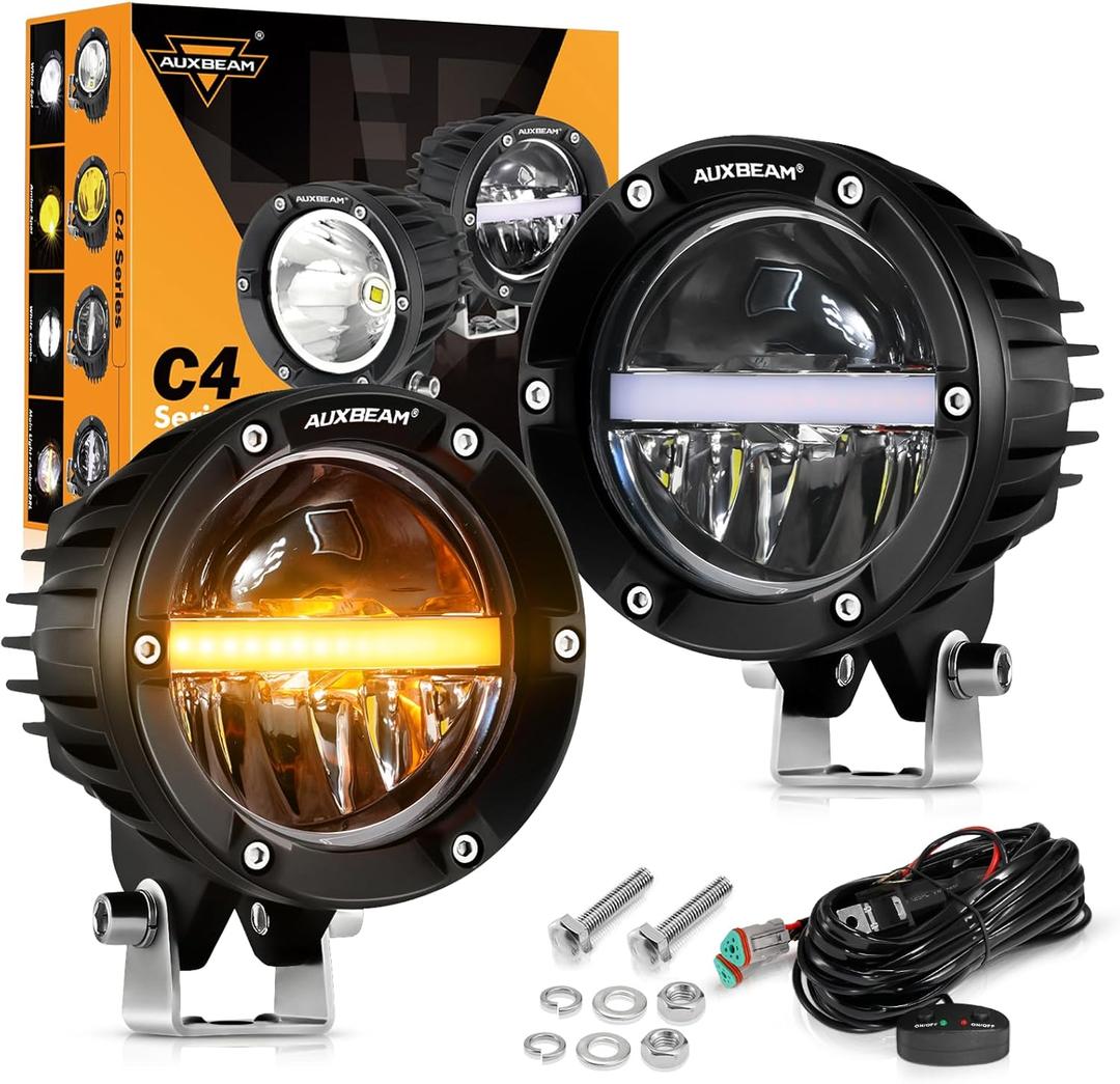 Auxbeam 4 Inch 110W Round Offroad Lights, Amber DRL Design 11000LM LED Light Pods, Super Bright 7035 SMD LED Work Driving Fog Light with DT Wiring Harness Kit for Truck Jeep Pickup SUV ATV UTV, 2 PCS