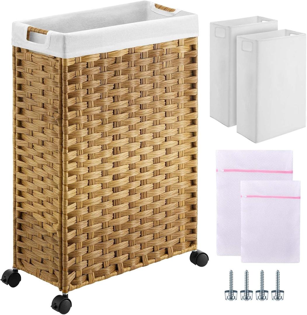 Greenstell Laundry Hamper with Wheels, 11.9 Gallon (45L) Small Clothes Hamper with 2 Removable Liner Bags & 2 Mesh Bags, Slim Rattan Laundry Basket for Bathroom, Bedroom, Natural (45L (15.8 x 7.9 x 23.6 inches))