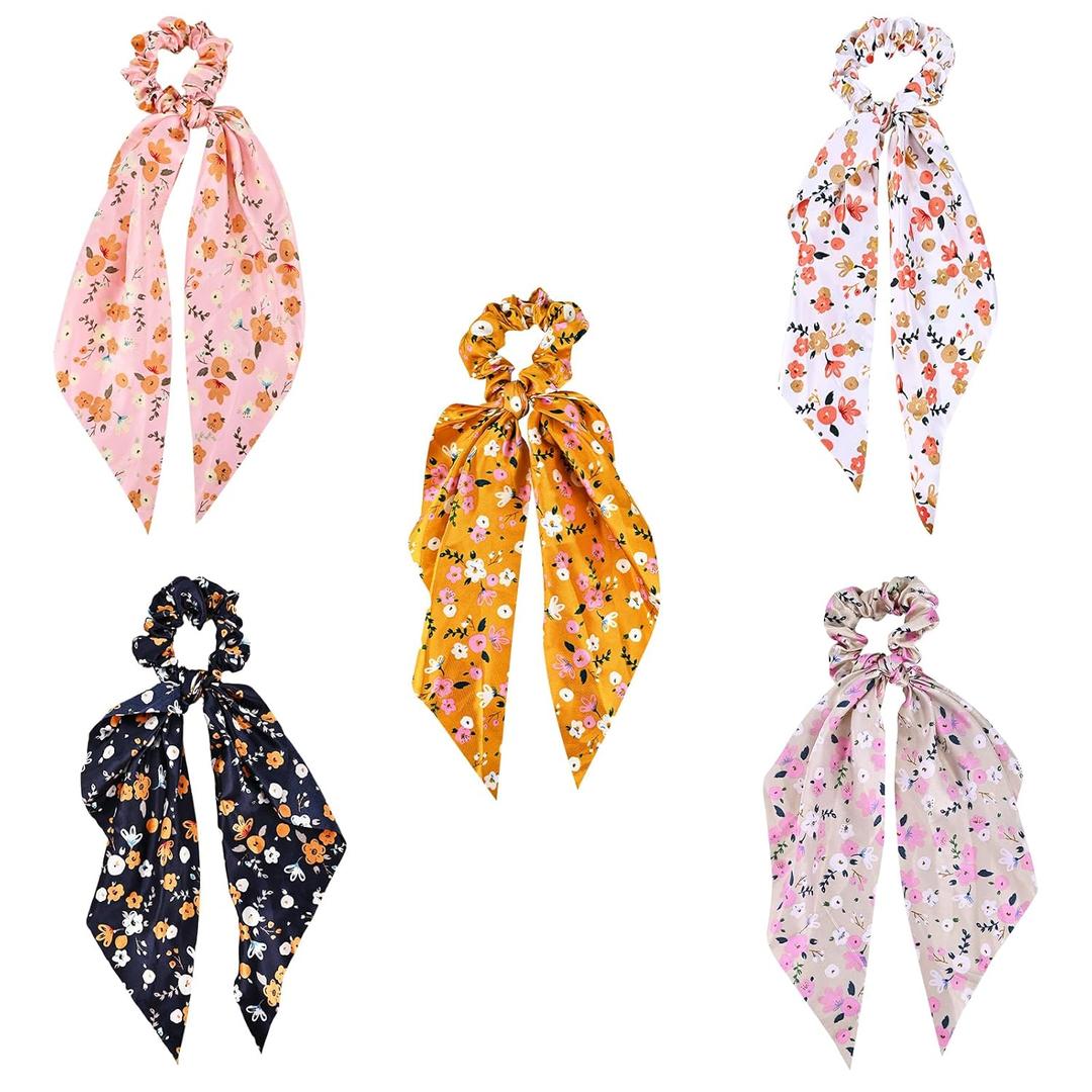 5-Piece Fabric Classic Bowknot Hair Ties, Elegant Hair Scarf Scrunchies Long Ribbon Ponytail Holders Head Bands, Elastic Vintage Bow Tie Hair Accessories for Ladies Women Girls (Flower Print)
