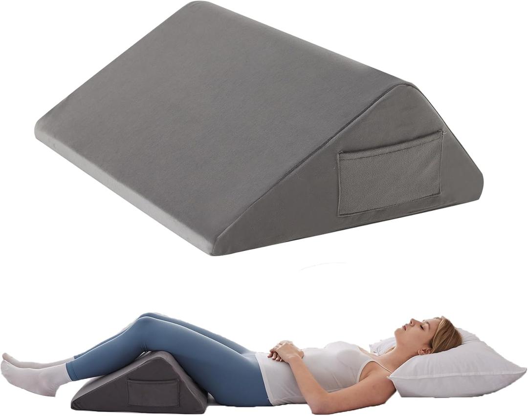 Knee Pillow for Back Sleeping, Leg Pillow Knee Wedge Pillow, Memory Foam Wedge Pillows for Legs After Surgery, Triangle Pillow for Knee Support, Leg Elevation, Knees Hip Back Pain Relief, Short Plush (23.6*18.9*7.9 Inch)